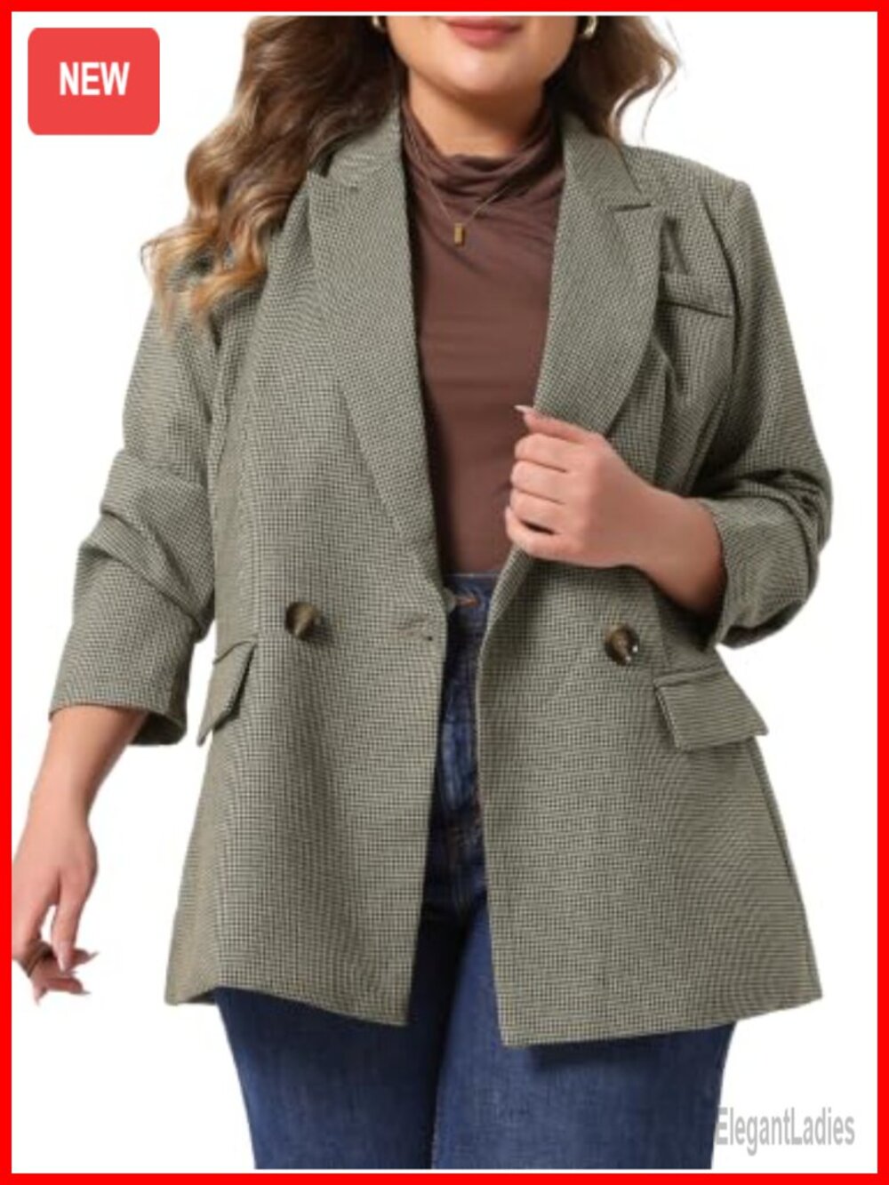 Plus Size Double Breasted Plaid Blazer Houndstooth Business Casual Suit Jacket